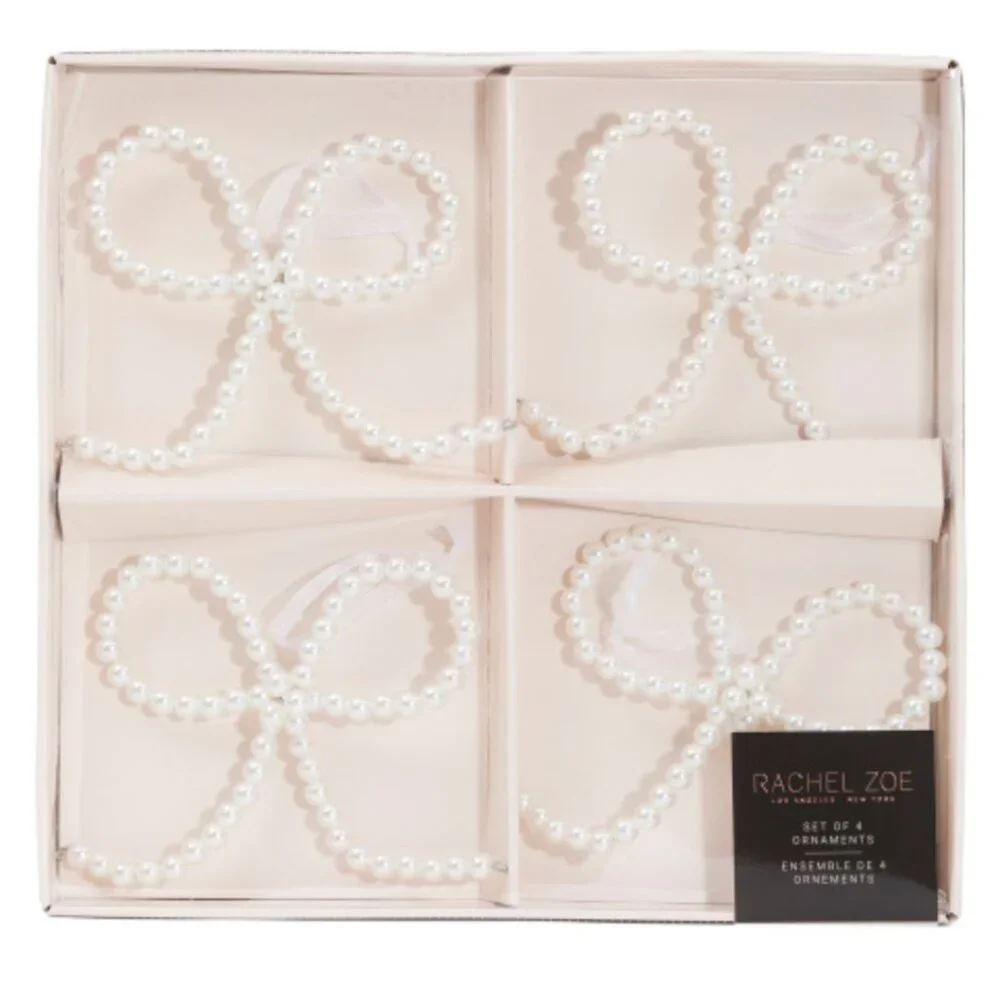 4 pc Rachel Zoe White Faux Pearl Bow Christmas Ornament Set Holidays 5